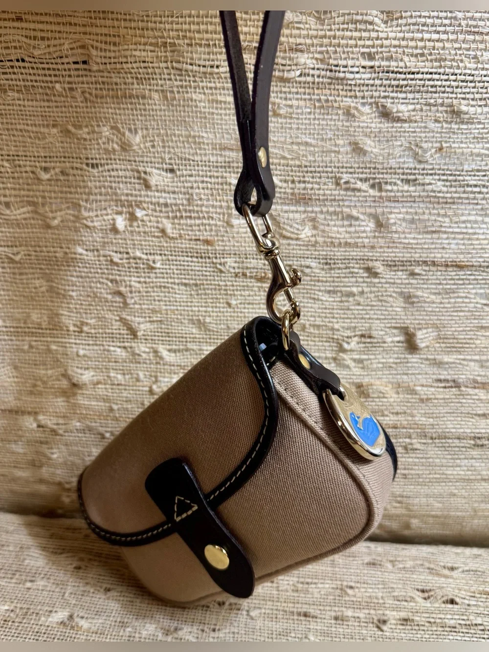 Dooney & Bourke Tan Twill Canvas Flap Wristlet Dark Brown Leather Trim